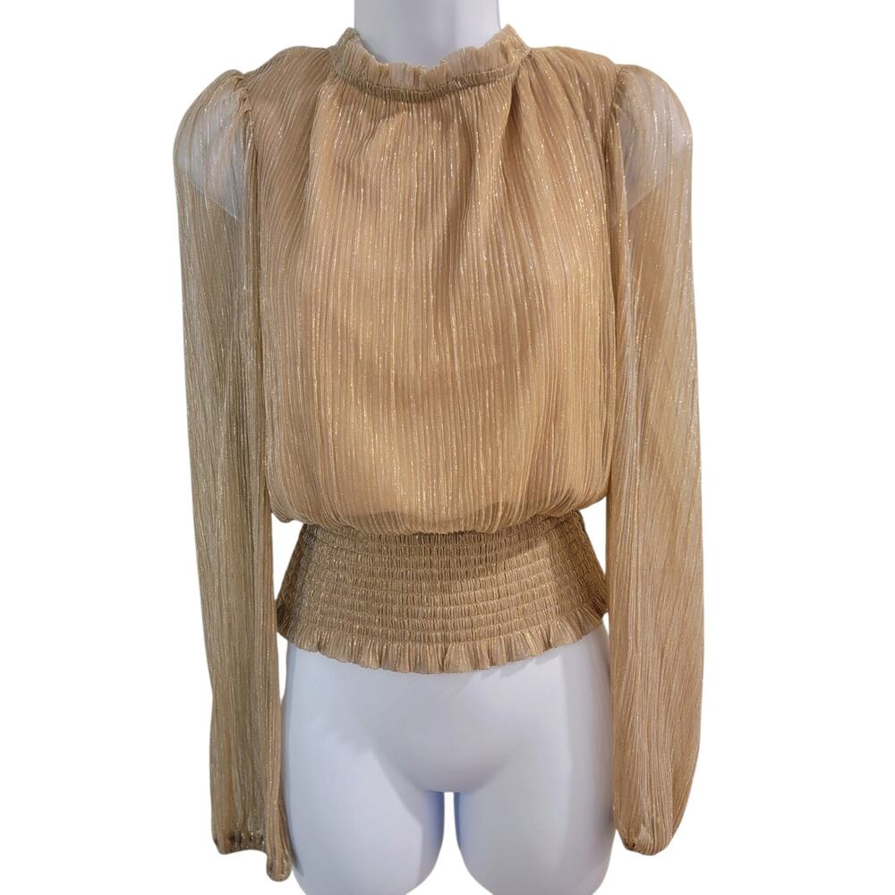 Joie Champagne Gold Metallic Blouse XS Smocked Waist Balloon Sleeve Party Top